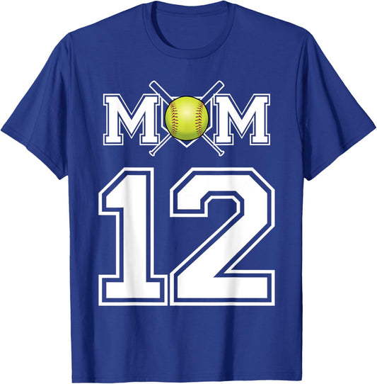 Number 12 Player Softball Mom Biggest Fan Wear T-Shirt - T-Shirt | Royal
