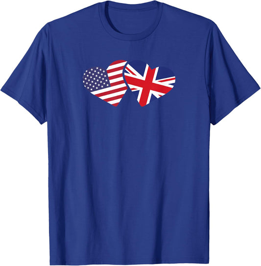 United Kingdom USA Flag T Shirt Heart British American Love T-Shirt - T-Shirt | Royal