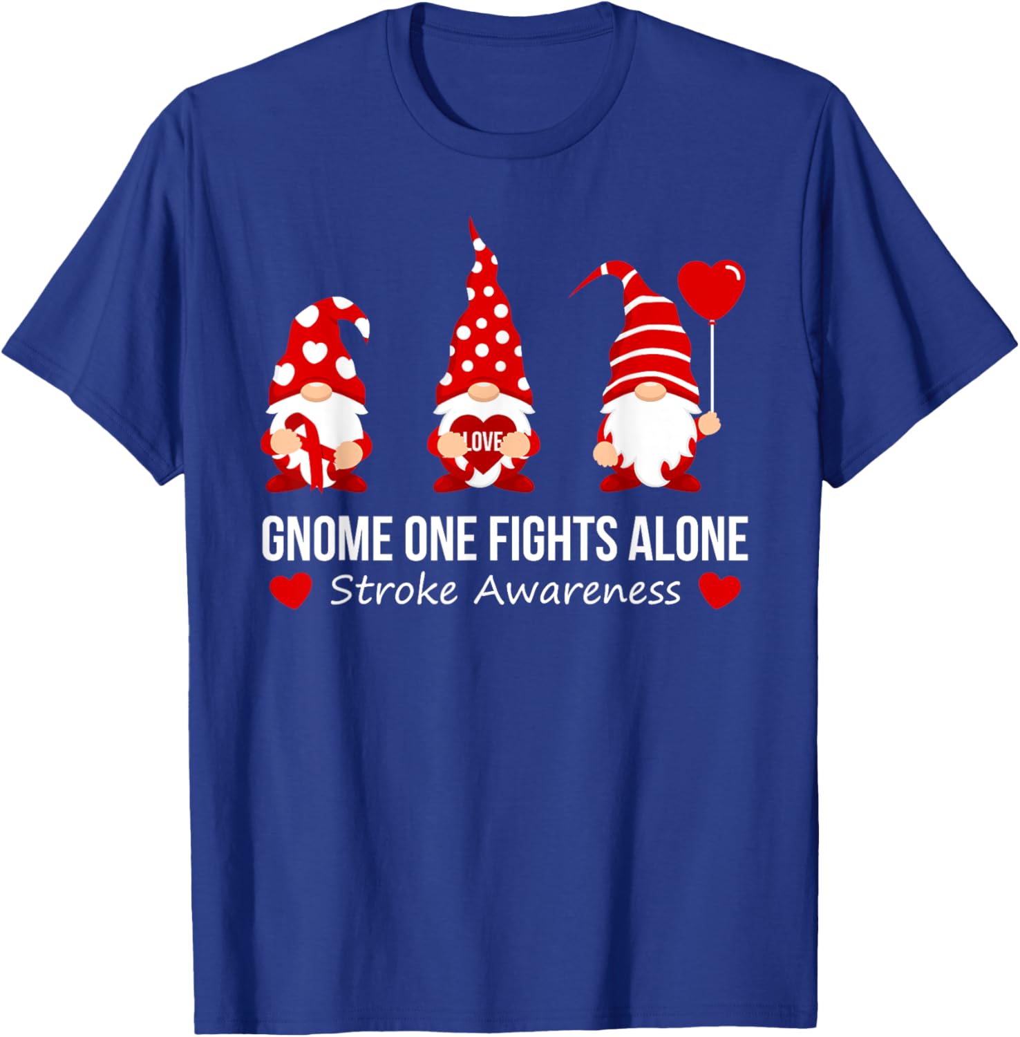 Gnome One Fights Alone Stroke Awareness Red Ribbon Survivor T-Shirt - T-Shirt | Royal