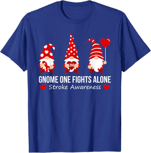Gnome One Fights Alone Stroke Awareness Red Ribbon Survivor T-Shirt - T-Shirt | Royal