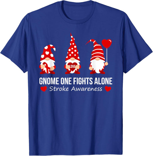 Gnome One Fights Alone Stroke Awareness Red Ribbon Survivor T-Shirt - T-Shirt | Royal