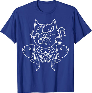Funny Pirate Fish Cat Crossbone Halloween Jolly Roger T-Shirt - T-Shirt | Royal