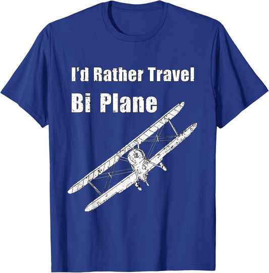 I'd Rather Travel BiPlane, Funny Pilot Vintage Airplane T-Shirt - T-Shirt | Royal