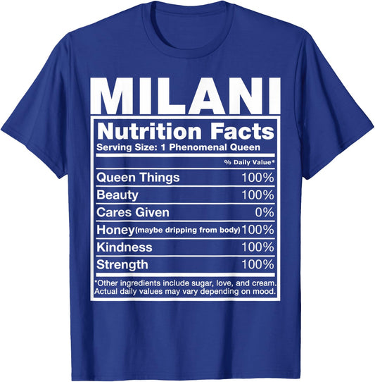 Milani Nutrition Facts Milani Name Birthday Shirt T-Shirt - T-Shirt | Royal