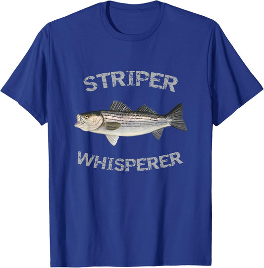 Reel Striper Fishing Shirts Striper Whisperer Striped Bass Black -Adults Classic Fit Short Sleeve Cotton, Polyester Fishing Small T-Shirt - T-Shirt | Royal