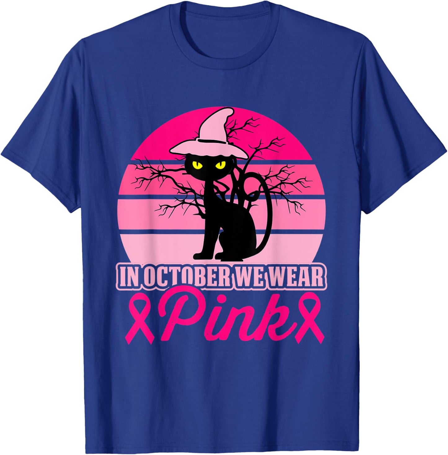 In October We Wear Pink Cat Breast Cancer Halloween T-Shirt - T-Shirt | Royal
