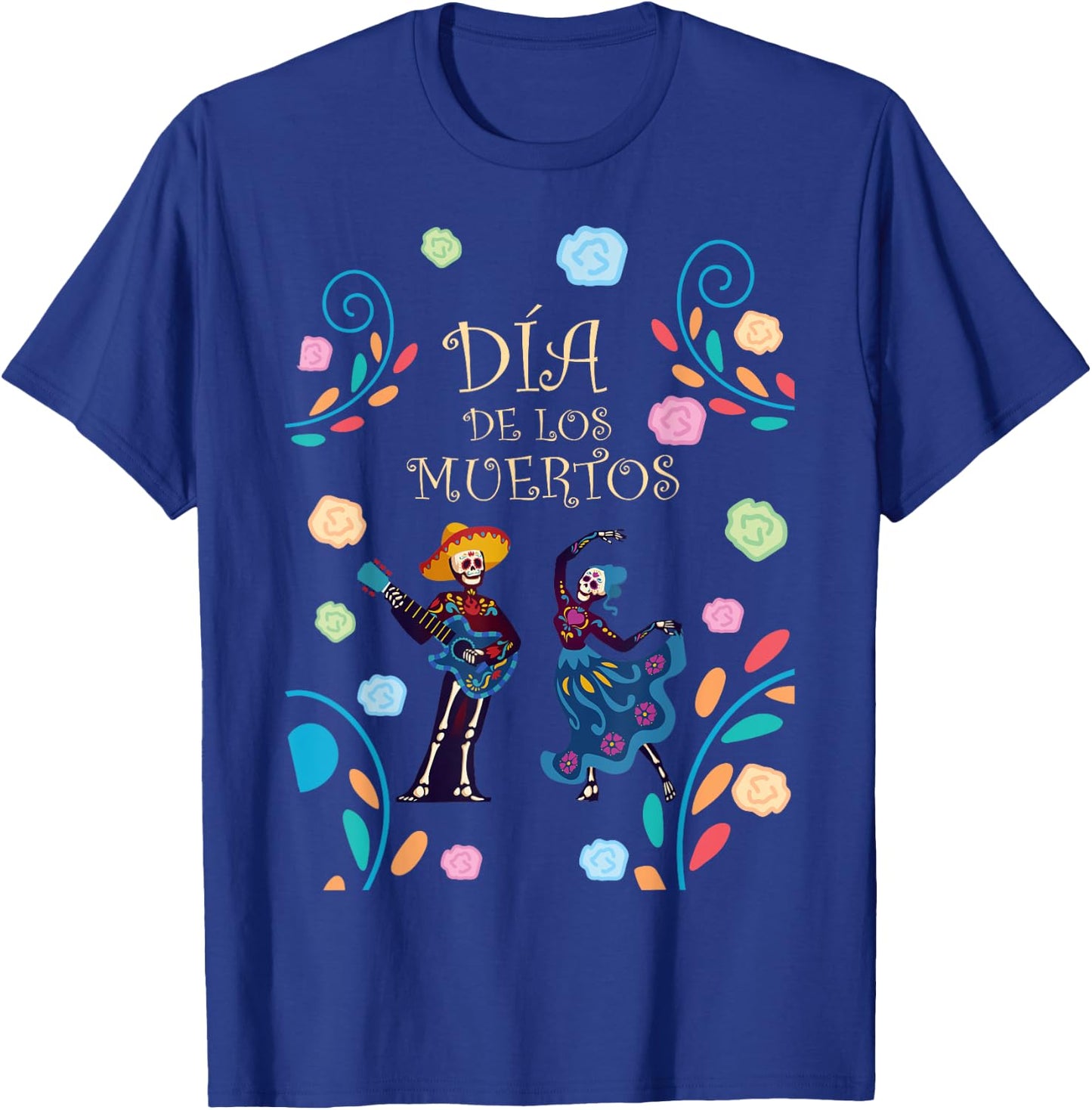 Dancing Skeleton Guitar Dia De Los Muertos Calavera Day Dead T-Shirt - T-Shirt | Royal
