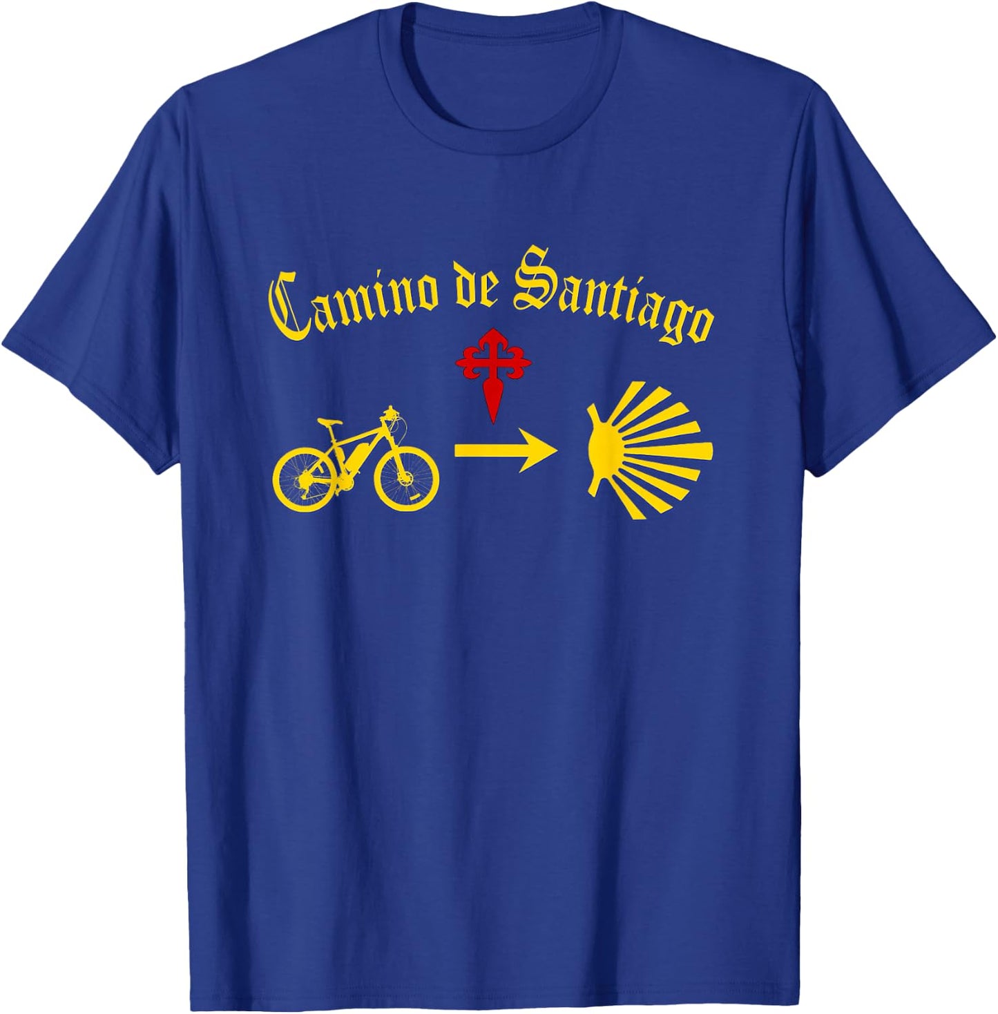 Camino de Santiago Mountain Bike Yellow Arrow Scallop Cross T-Shirt - T-Shirt | Royal