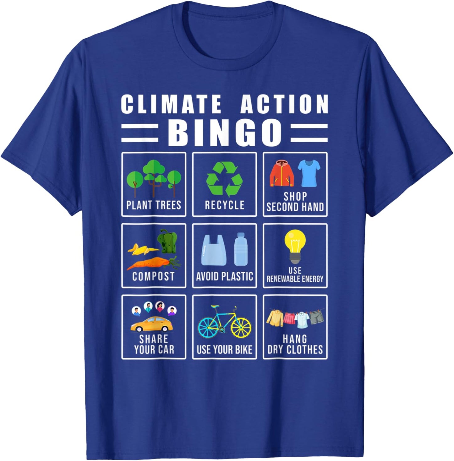 Climate Action Bingo Earth Day Climate Change T-Shirt - T-Shirt | Royal