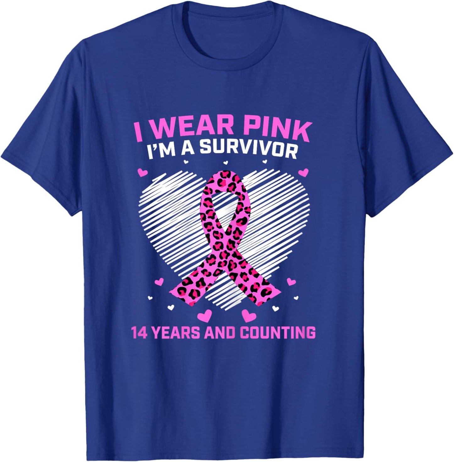 14 Years Breast Cancer Survivor Pink Cheetah Print Awareness T-Shirt - T-Shirt | Royal