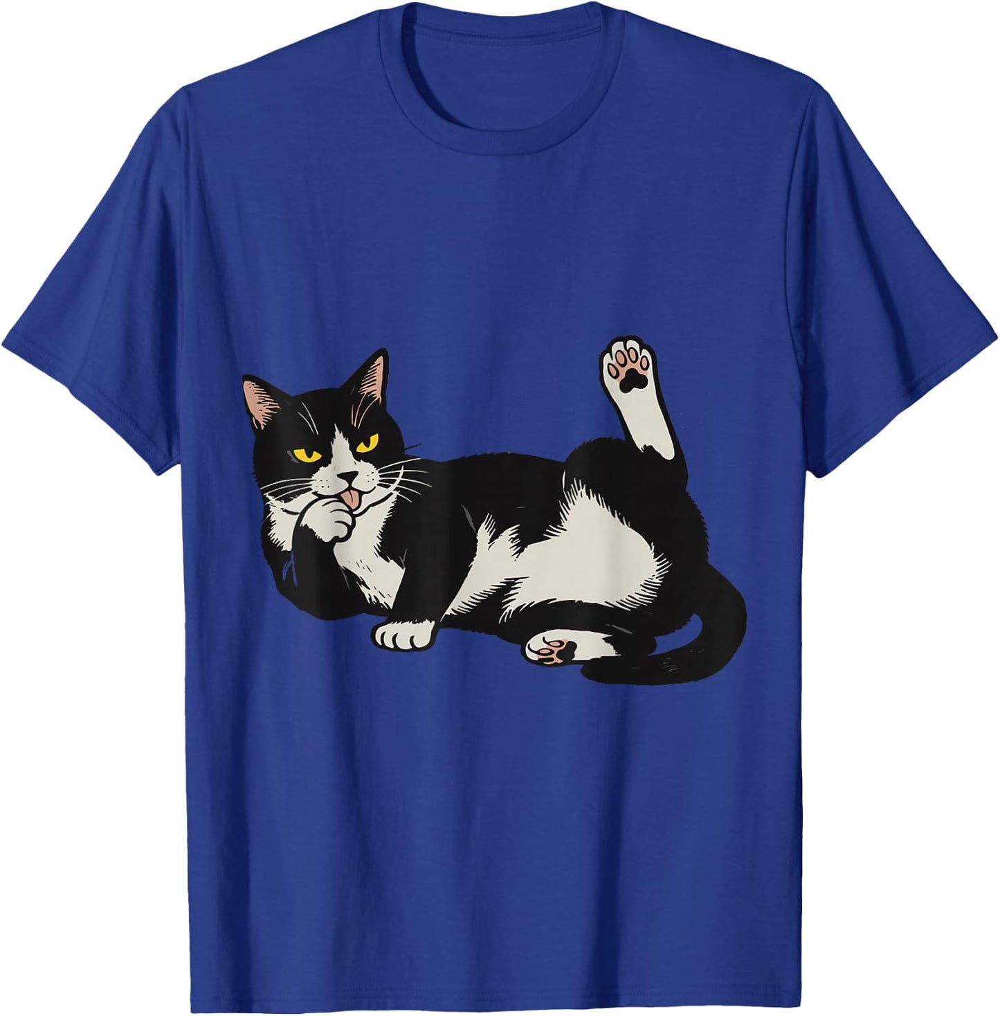 Funny Tuxedo Cat Licking Paw Cute Lazy Feline Graphic T-Shirt - T-Shirt | Royal