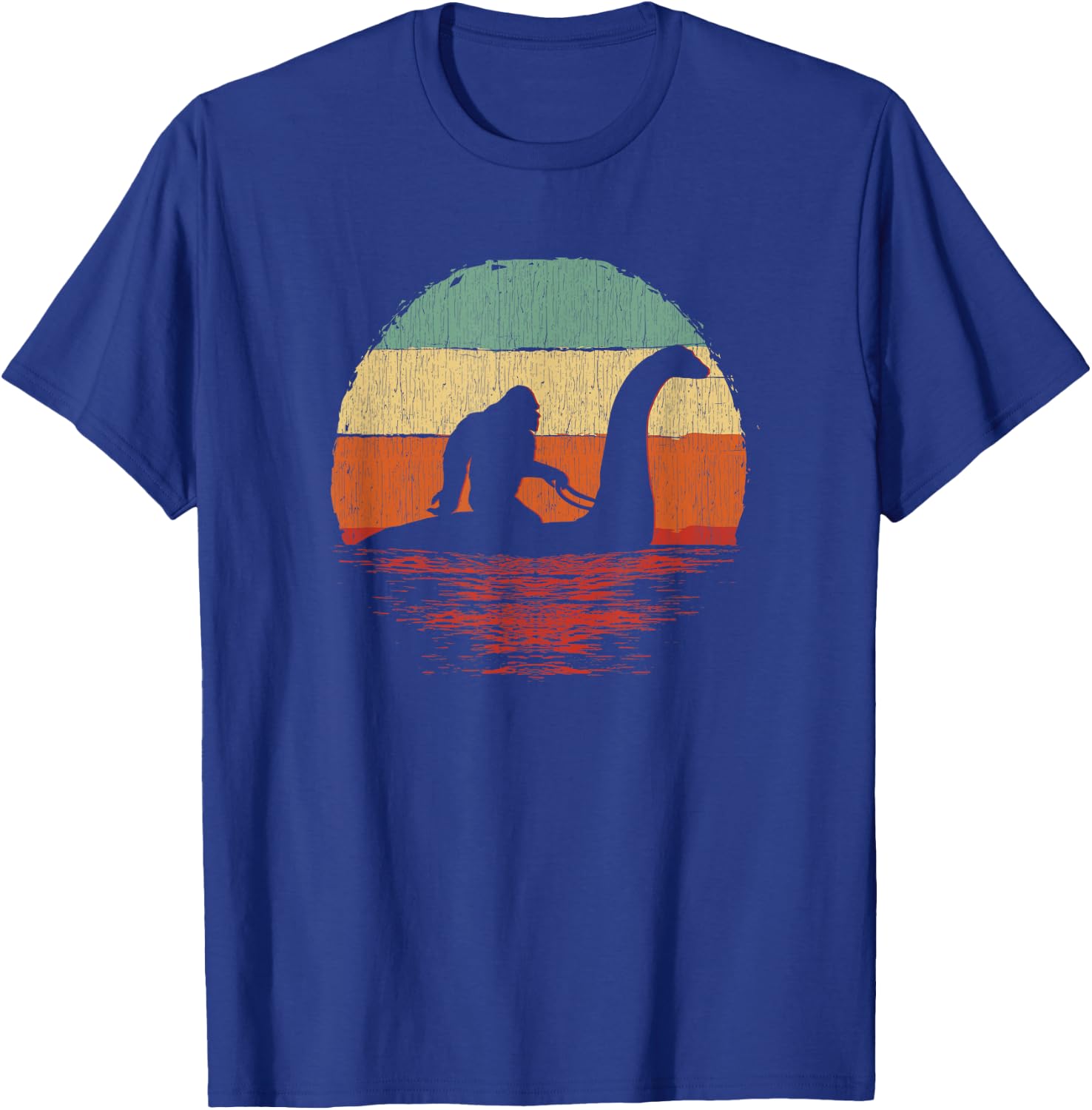 Vintage Funny Bigfoot Riding The Loch Ness Monster T-Shirt - T-Shirt | Royal