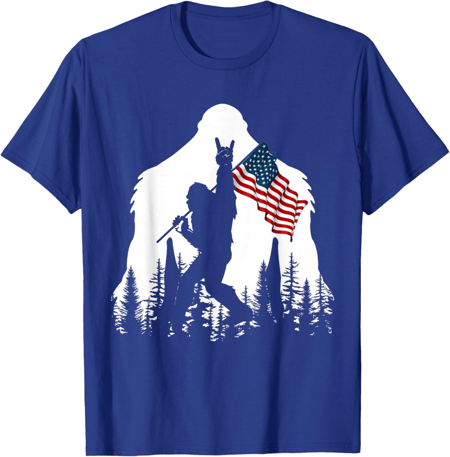 Bigfoot Rock On Hold American Flag Sasquatch Believers T-Shirt - T-Shirt | Royal