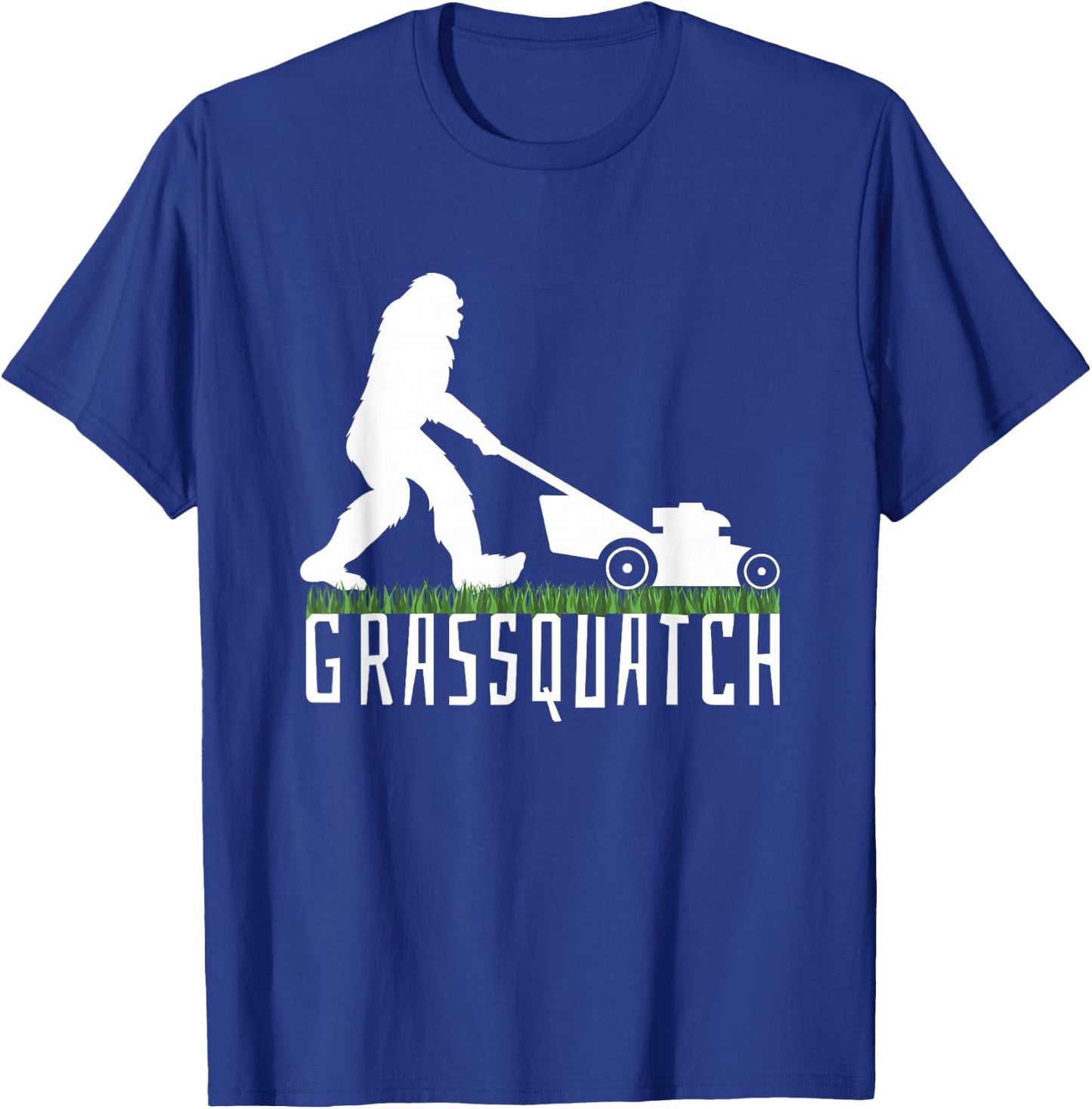 Funny Lawn Mowing Sasquatch Grassquatch Bigfoot Lawn Mower T-Shirt - T-Shirt | Royal