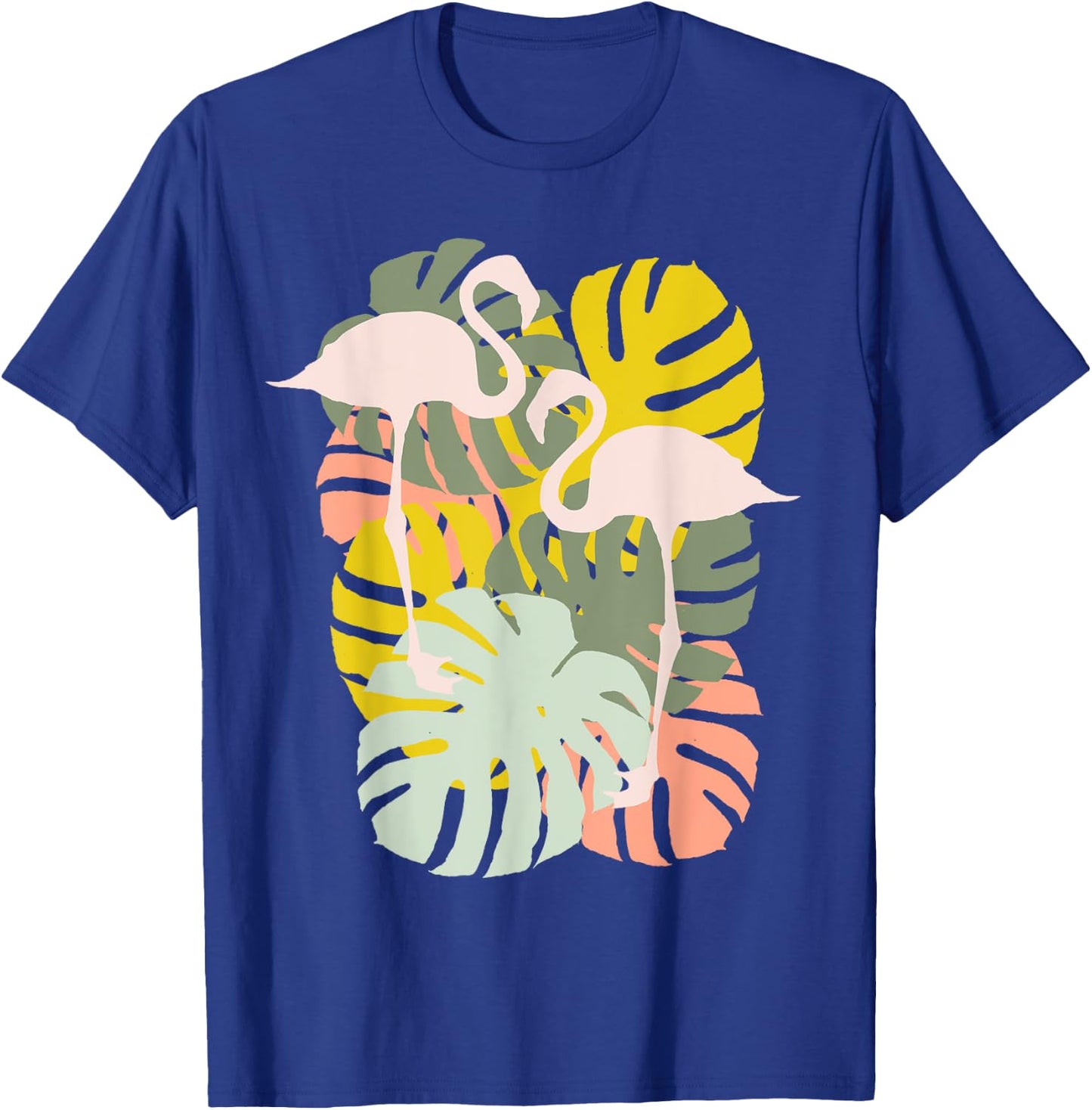 Monstera Leaves And Flamingo Art T-Shirt - T-Shirt | Royal