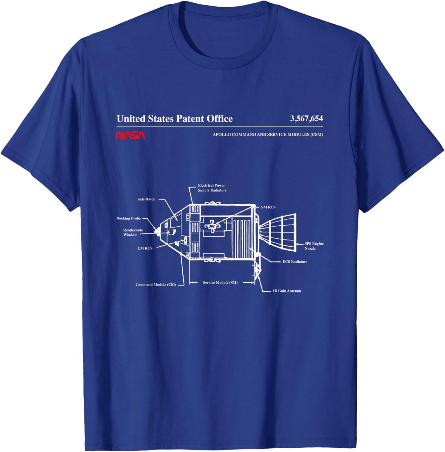 NASA Apollo Command Service Modules Blueprint T-Shirt - T-Shirt | Royal