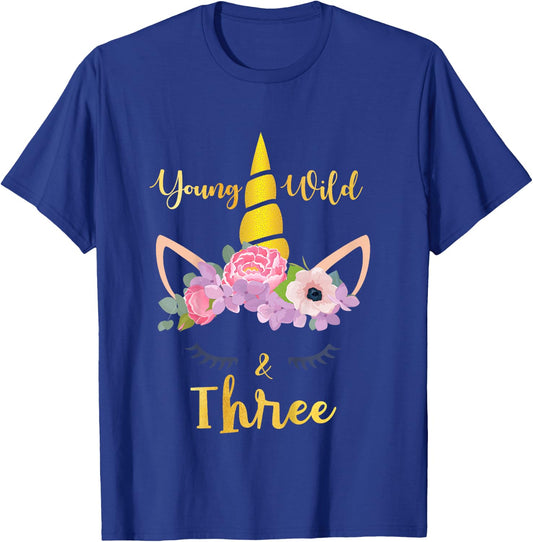 Young Wild and Three Unicorn 10th Birthday Funny T-Shirt - T-Shirt | Royal