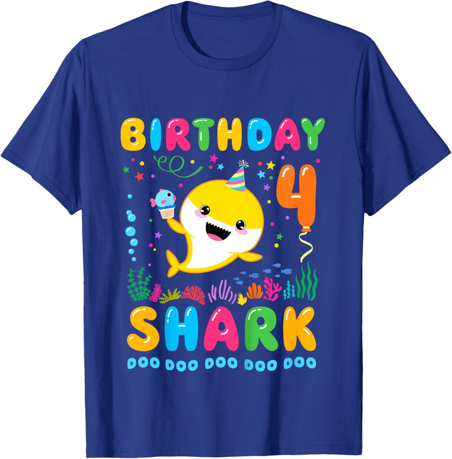 Kids Birthday Shark 4 Year Old Boy or Girl 4th Bday Kawaii T-Shirt - T-Shirt | Royal