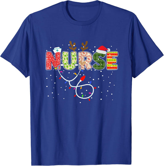 Stethoscope Santa Hat Reindeer Xmas Christmas Nurse T-Shirt - T-Shirt | Royal