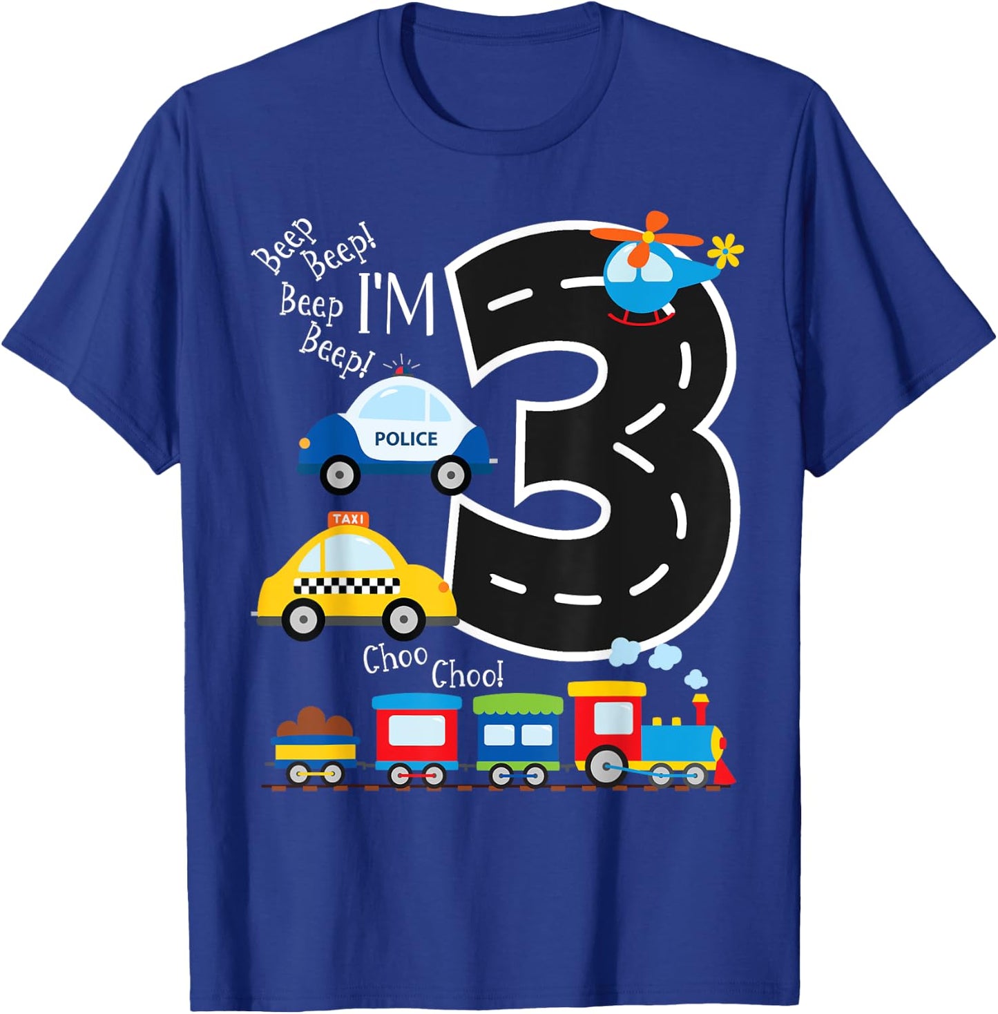 Kids Trucks Train 3rd Birthday Party Toddler 3 Year Old Bday T-Shirt - T-Shirt | Royal