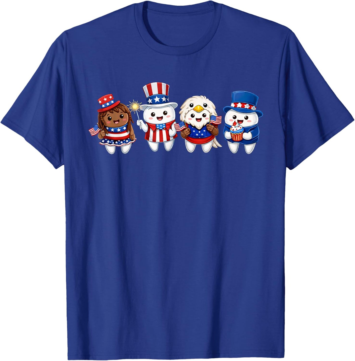 Fourth July Dentist Dental Office Tooth Team Funny Cartoon T-Shirt - T-Shirt | Royal