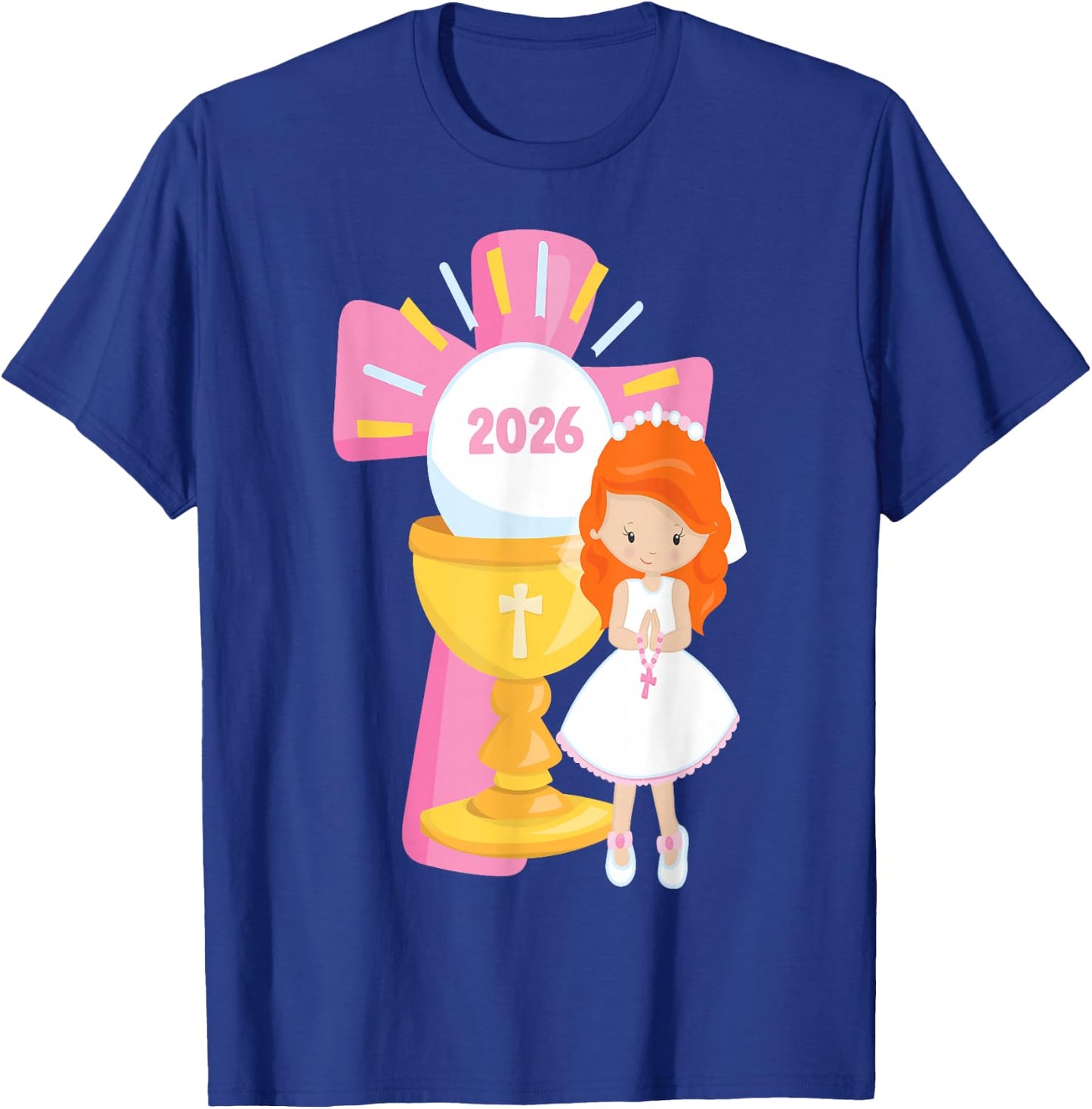 Redhead Girl First Communion 2026 Pink Cross Chalice Rosary T-Shirt - T-Shirt | Royal