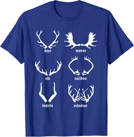 Types Of Antlers Elk Caribou Impala Reindeer Moose Deer Horn T-Shirt - T-Shirt | Royal