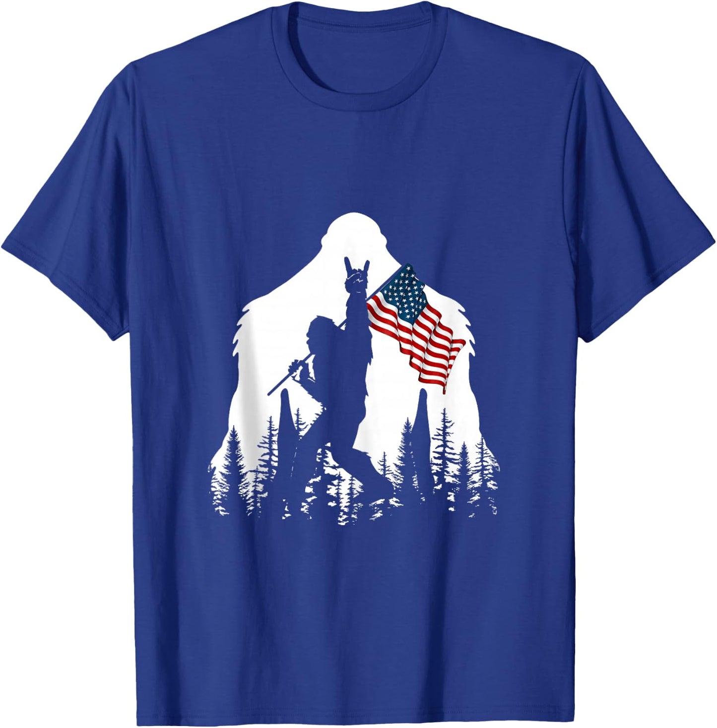 Bigfoot Rock On Hold American Flag Sasquatch Believers T-Shirt - T-Shirt | Royal