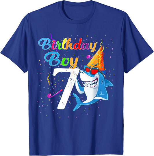 7th Birthday Boy Shark - 7 Year Old Boy Birthday T-Shirt - T-Shirt | Royal