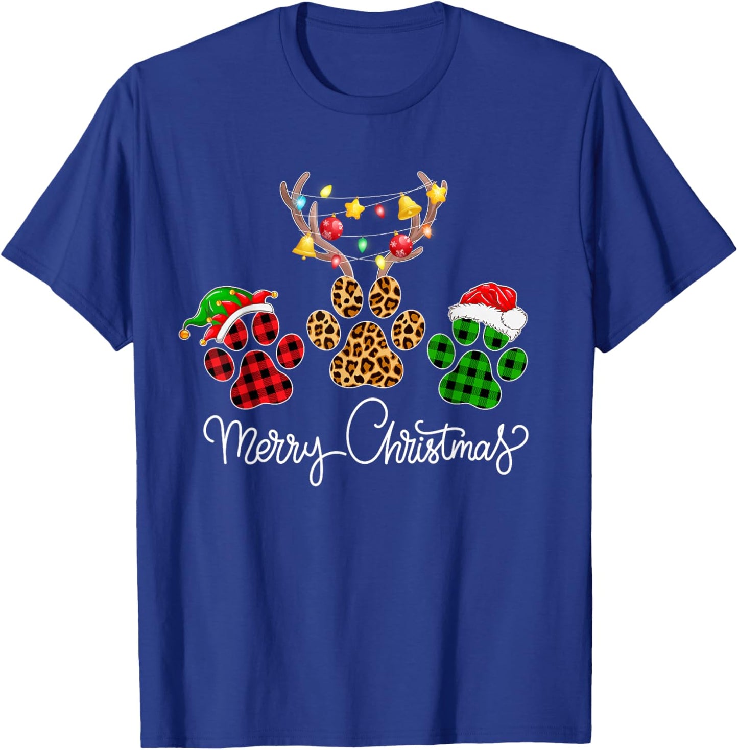Merry Christmas Dog Paws Lights Buffalo Plaid & Leopard Xmas Men Women Kids T-Shirt - T-Shirt | Royal