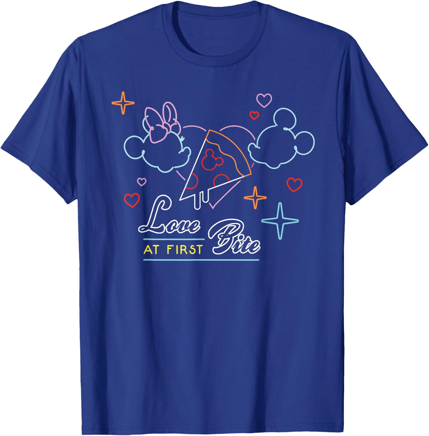 Disney Mickey and Minnie Mouse Neon Pizza Love At First Bite T-Shirt - T-Shirt | Royal