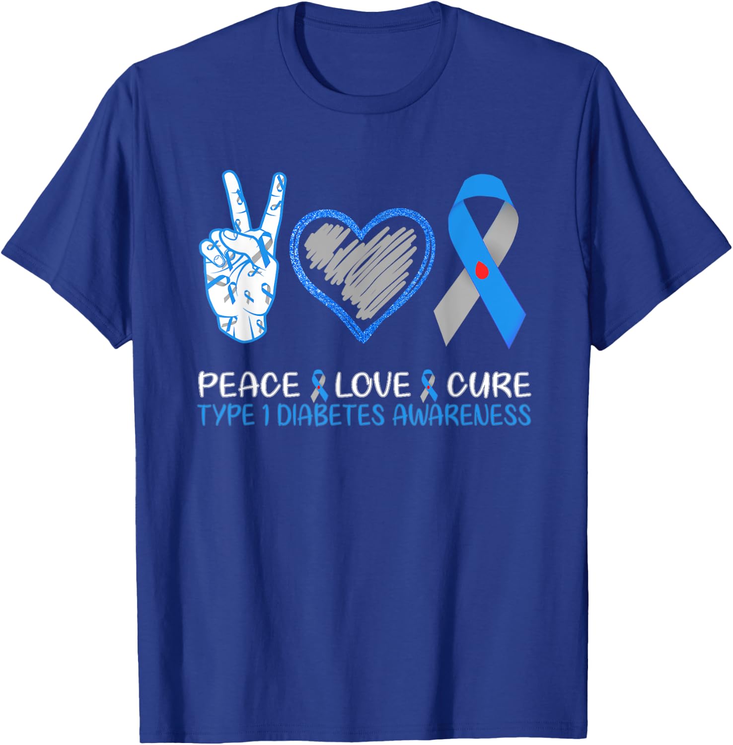 Peace Love Cure Type 1 Diabetes Awareness Month T1D Warrior T-Shirt - T-Shirt | Royal