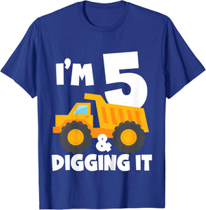 Kids I'm 5 and Digging It 5th Birthday Construction Truck Boys T-Shirt - T-Shirt | Royal