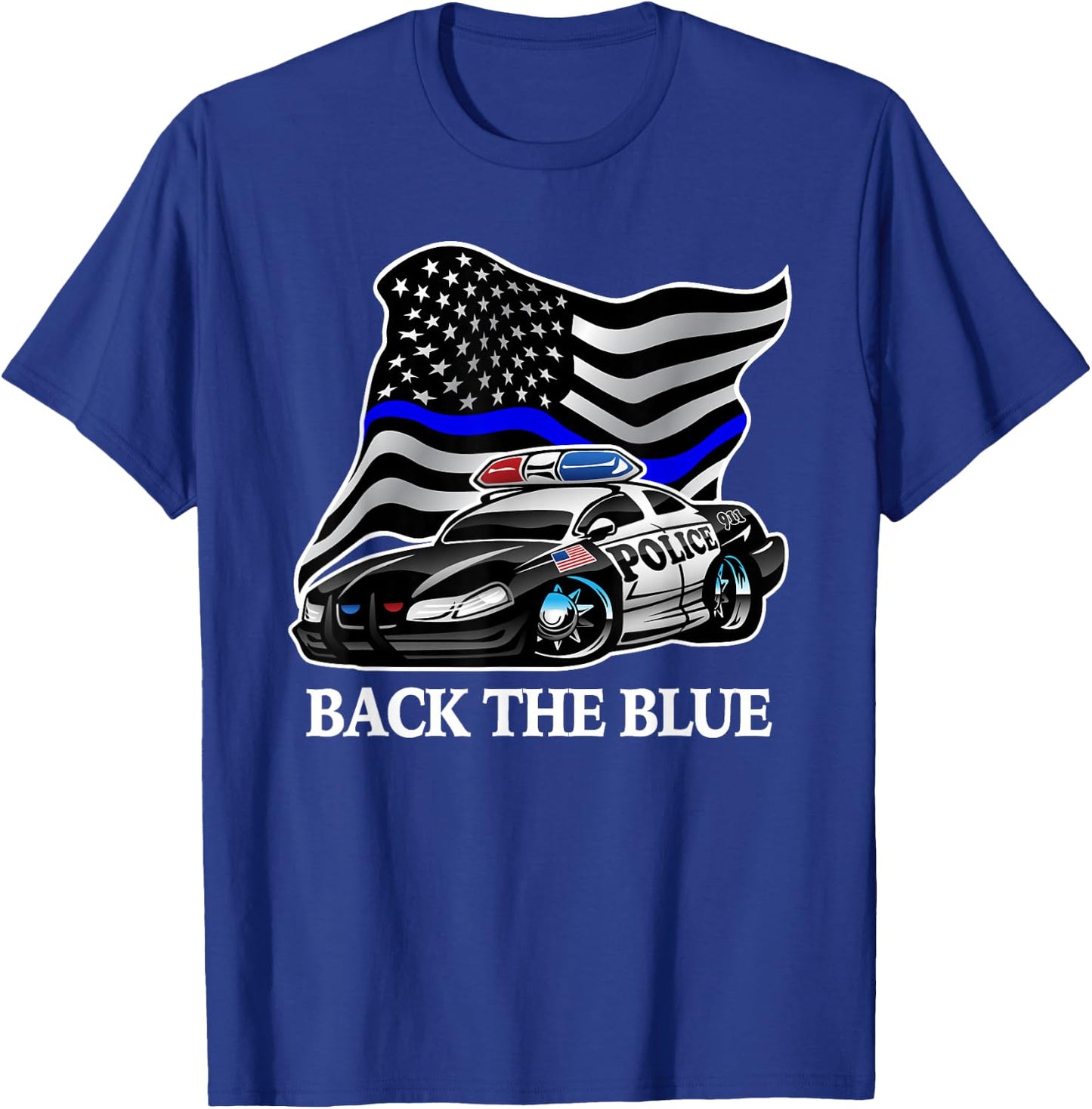 Back The Blue Flag with Police Car Cartoon T-Shirt - T-Shirt | Royal