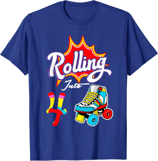 4th Birthday Rolling Into 4 Years Old Funny Roller Skate T-Shirt - T-Shirt | Royal