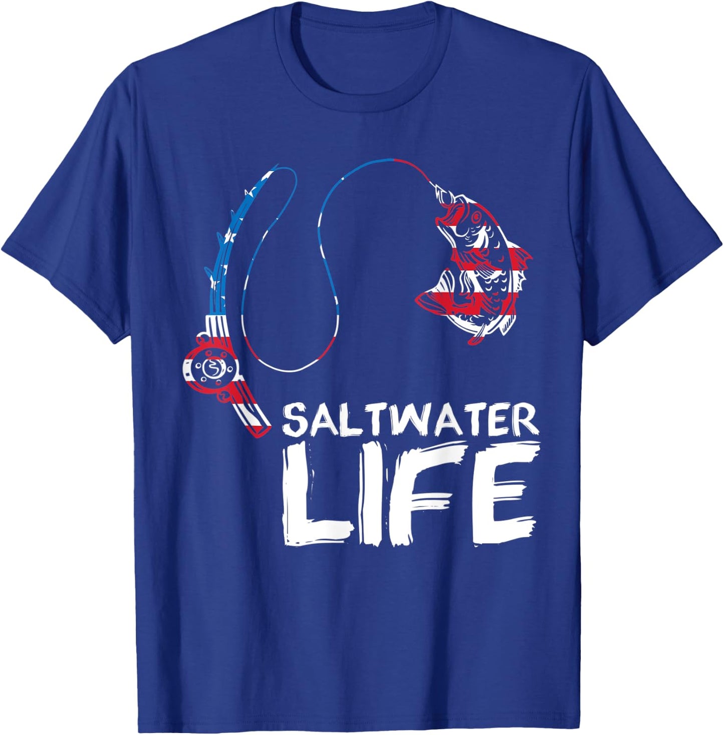 Saltwater Life US Flag Fishing Rod Bass Fishing Fish Catcher T-Shirt - T-Shirt | Royal