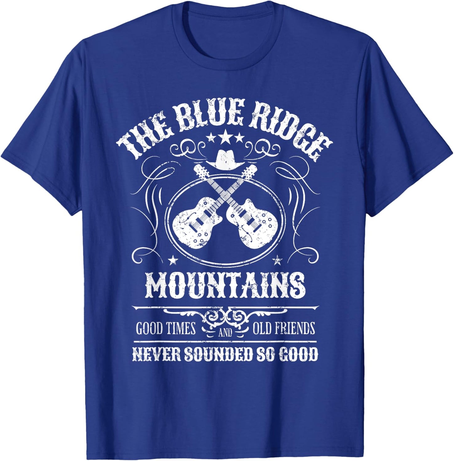 Blue Ridge Mountains with Guitars Vintage Distressed Design T-Shirt - T-Shirt | Royal