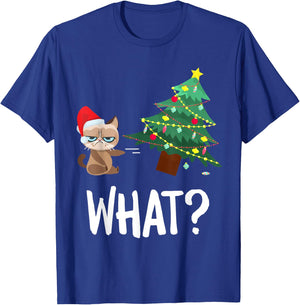 Cat Pushing Christmas Tree Over Funny What Cat Christmas Men Women T-Shirt - T-Shirt | Royal