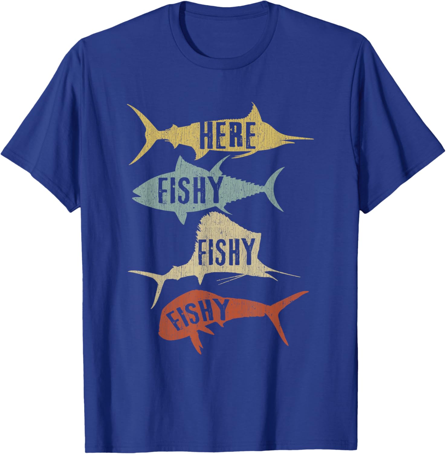 Salt Water Fishing Gift Ideas Funny Vintage Here Fishy-Fishy - Men's Black Cotton Polyester Short Sleeve - Small T-Shirt - T-Shirt | Royal