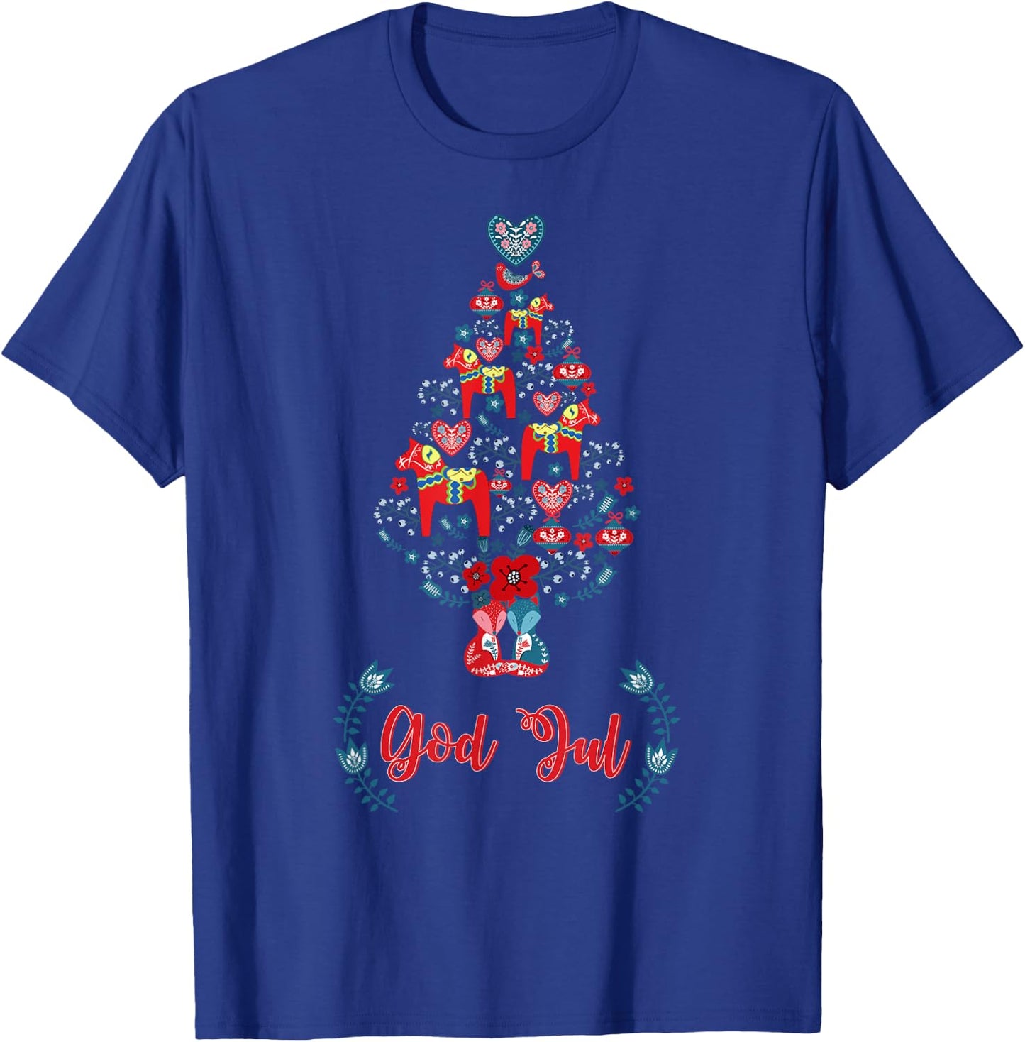 God Jul Red Swedish Dala Horse Christmas Tree T-Shirt - T-Shirt | Royal