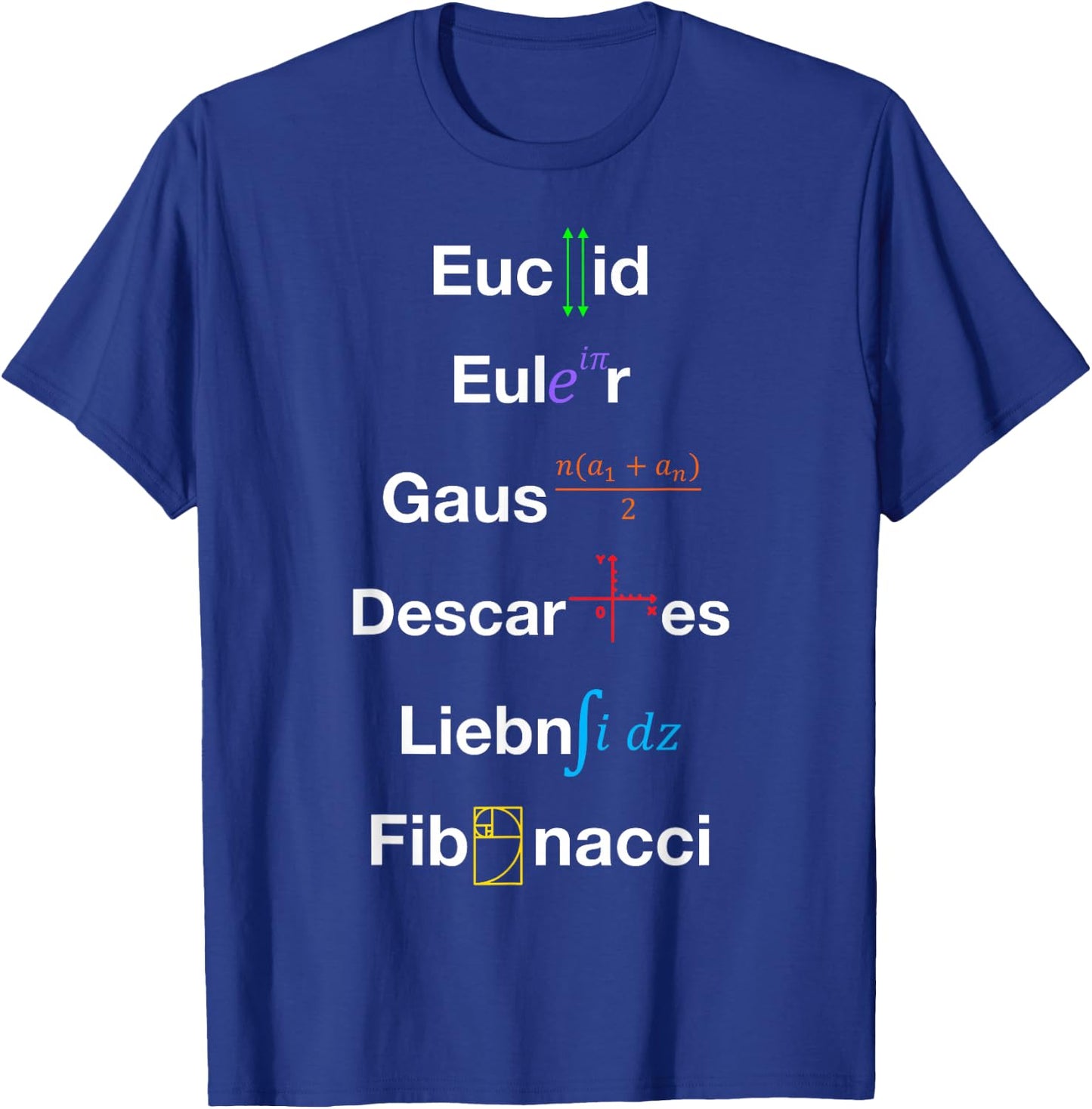 Nerdy Euclid Euler Gauss Descartes Leibniz Fibonacci Math T-Shirt - T-Shirt | Royal