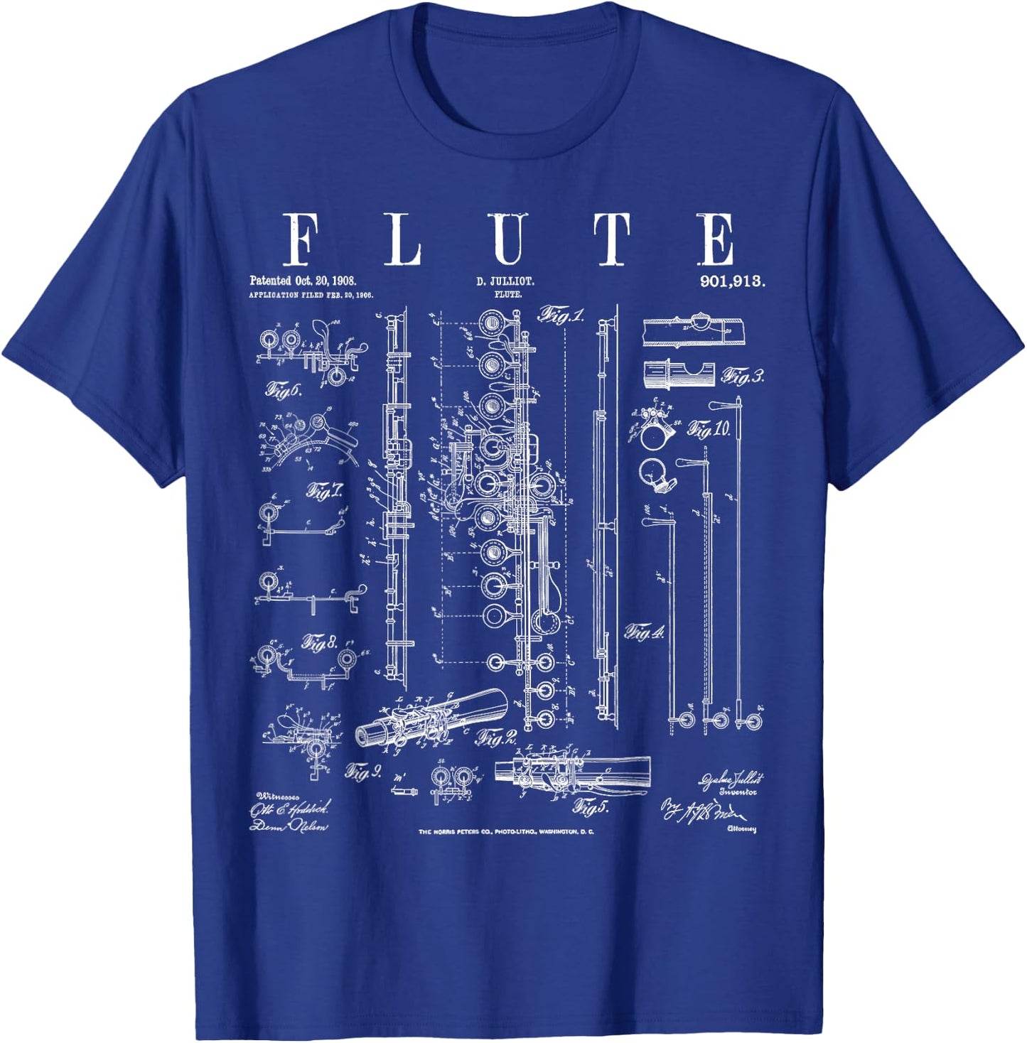Flute Vintage Patent Flutist Flautist Drawing Print T-Shirt - T-Shirt | Royal