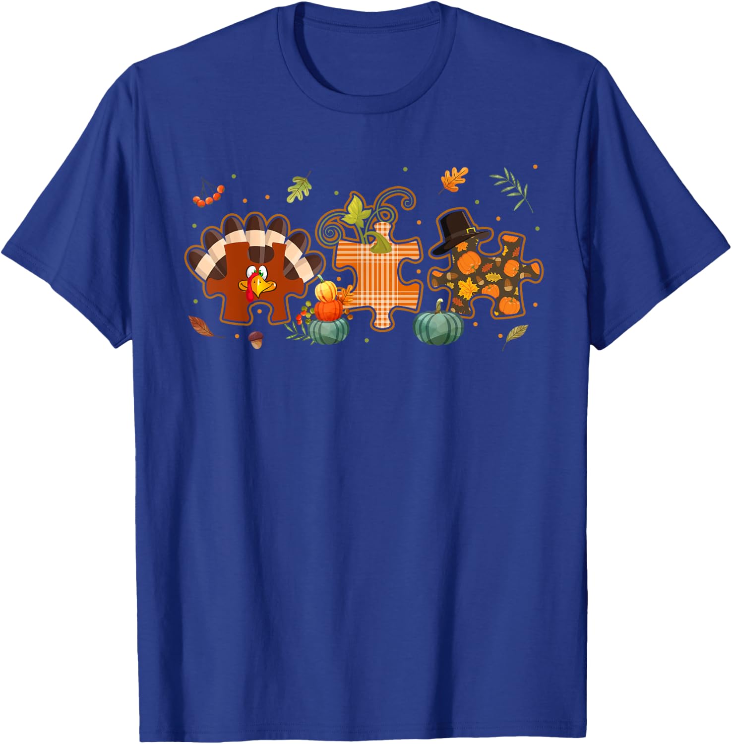 Cute Turkey Autism Awareness Puzzle Pumpkin Thanksgiving Day T-Shirt - T-Shirt | Royal