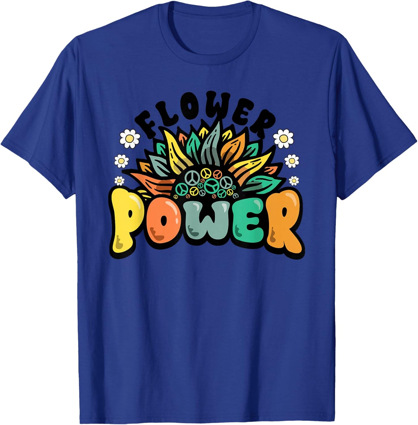 Flower Power Peace Symbol Sunflower Retro 60s 70s T-Shirt - T-Shirt | Royal