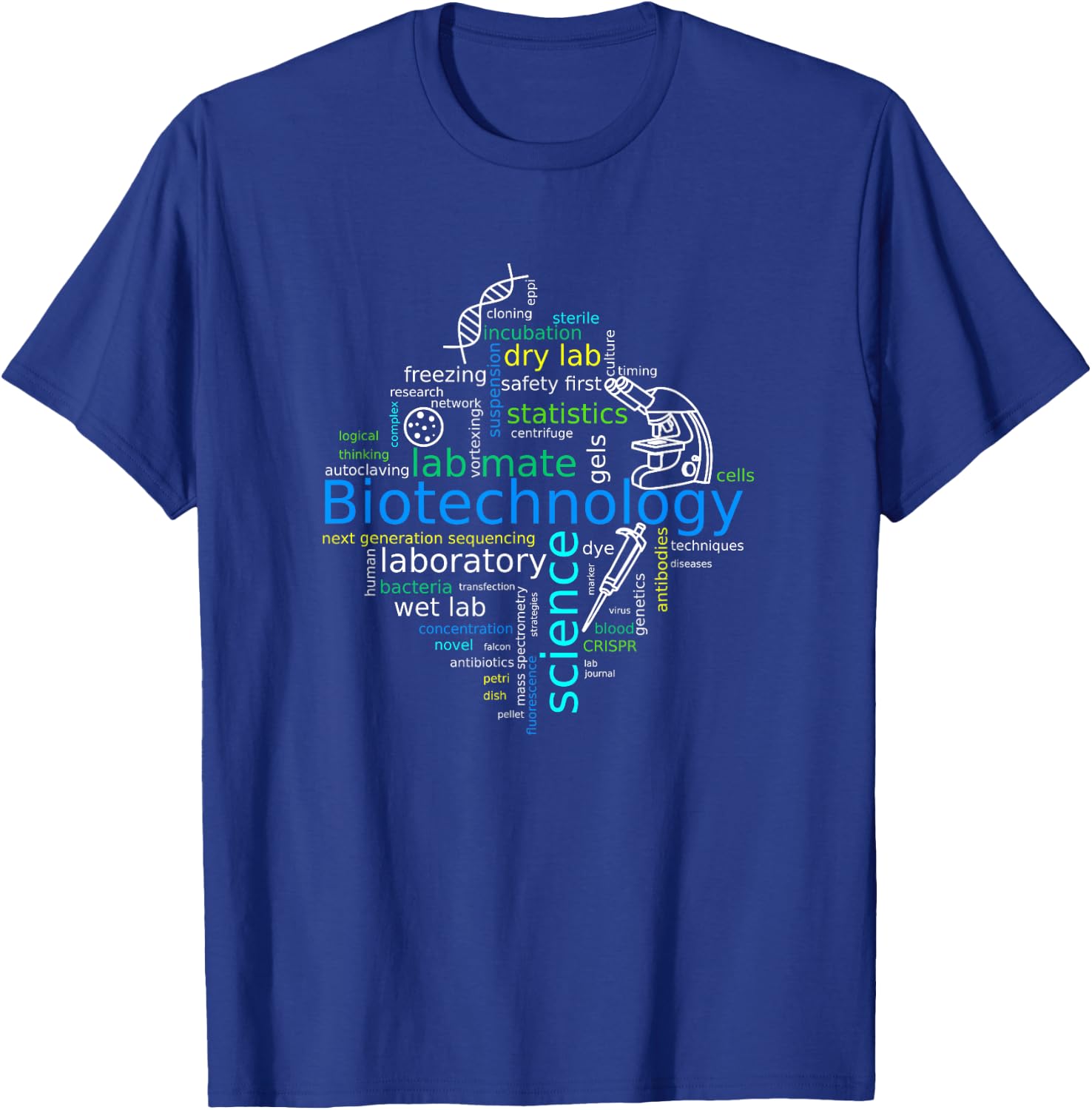 Word cloud biotech with microscope, pipette and dna T-Shirt - T-Shirt | Royal