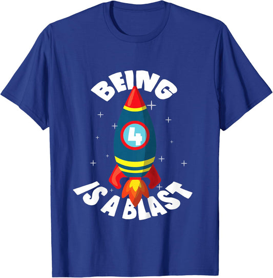 Kids Being 4 Years Old is a Blast! Cute Space Rocket Ship T-Shirt - T-Shirt | Royal