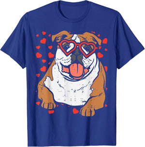 Heart Glasses English Bulldog Cute Valentines Day Dog Gift Men Women Kids T-Shirt - T-Shirt | Royal