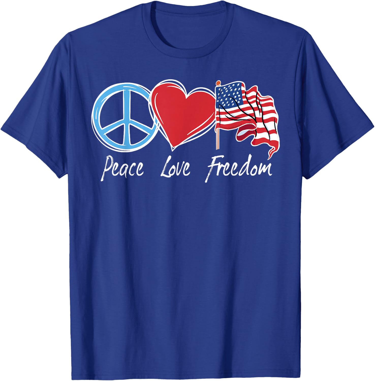 Patriotic Retro Peace Love Freedom USA Flag 4th of July T-Shirt - T-Shirt | Royal