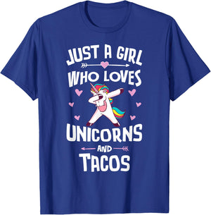 Just A Girl Who Loves Unicorns And Tacos Graphic Women T-Shirt - T-Shirt | Royal