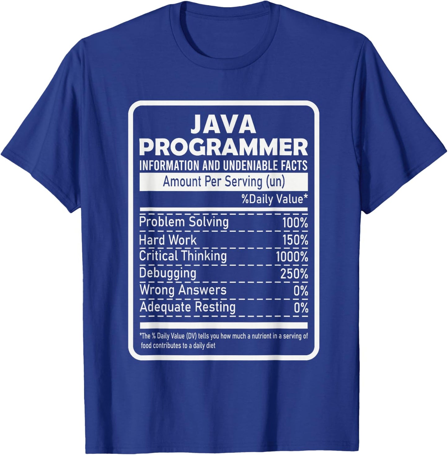 Funny Java Programmer Nutritional Facts Java Programming T-Shirt - T-Shirt | Royal